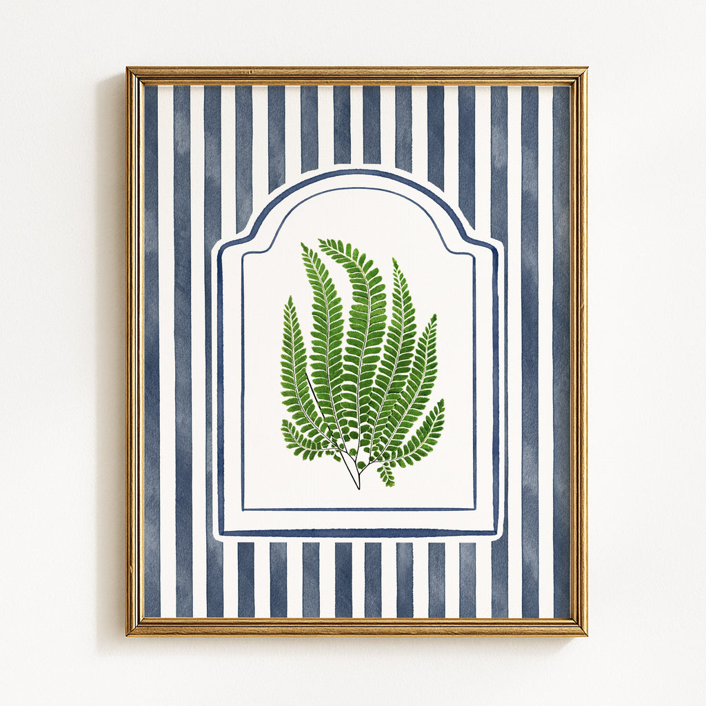 Vintage Ferns on Blue Watercolor Stripes - Set of 3