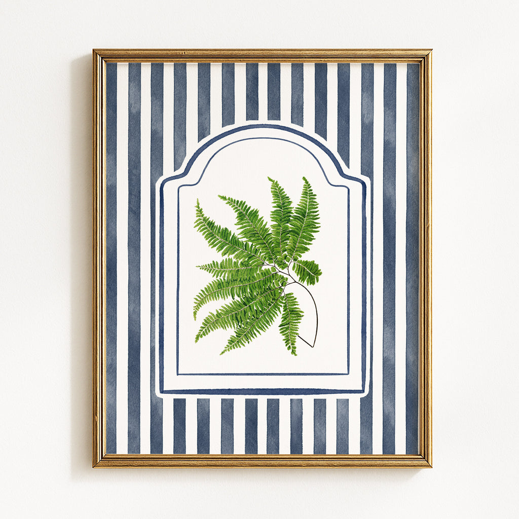 Vintage Ferns on Blue Watercolor Stripes - Set of 3
