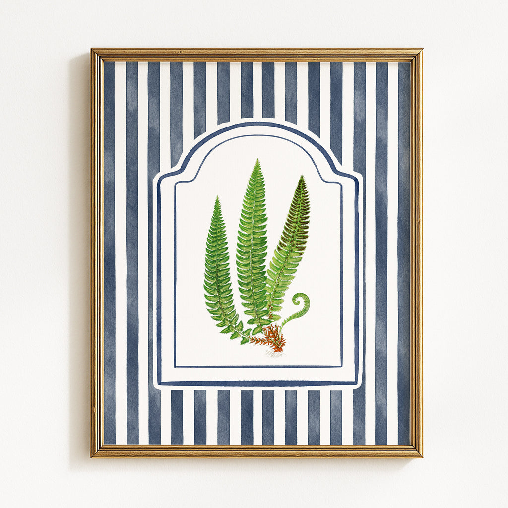 Vintage Ferns on Blue Watercolor Stripes - Set of 3