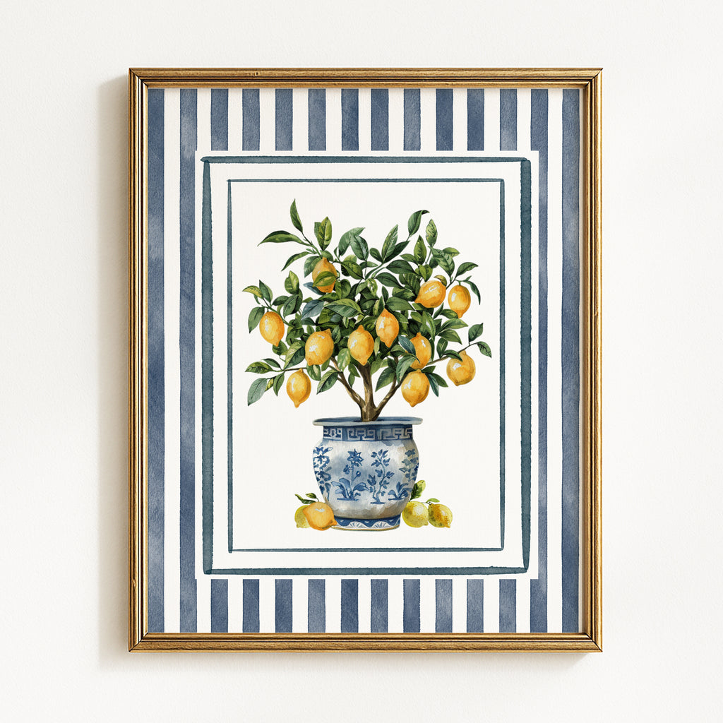 Lemon Trees in Blue Chinoiserie Pots - Set of 2