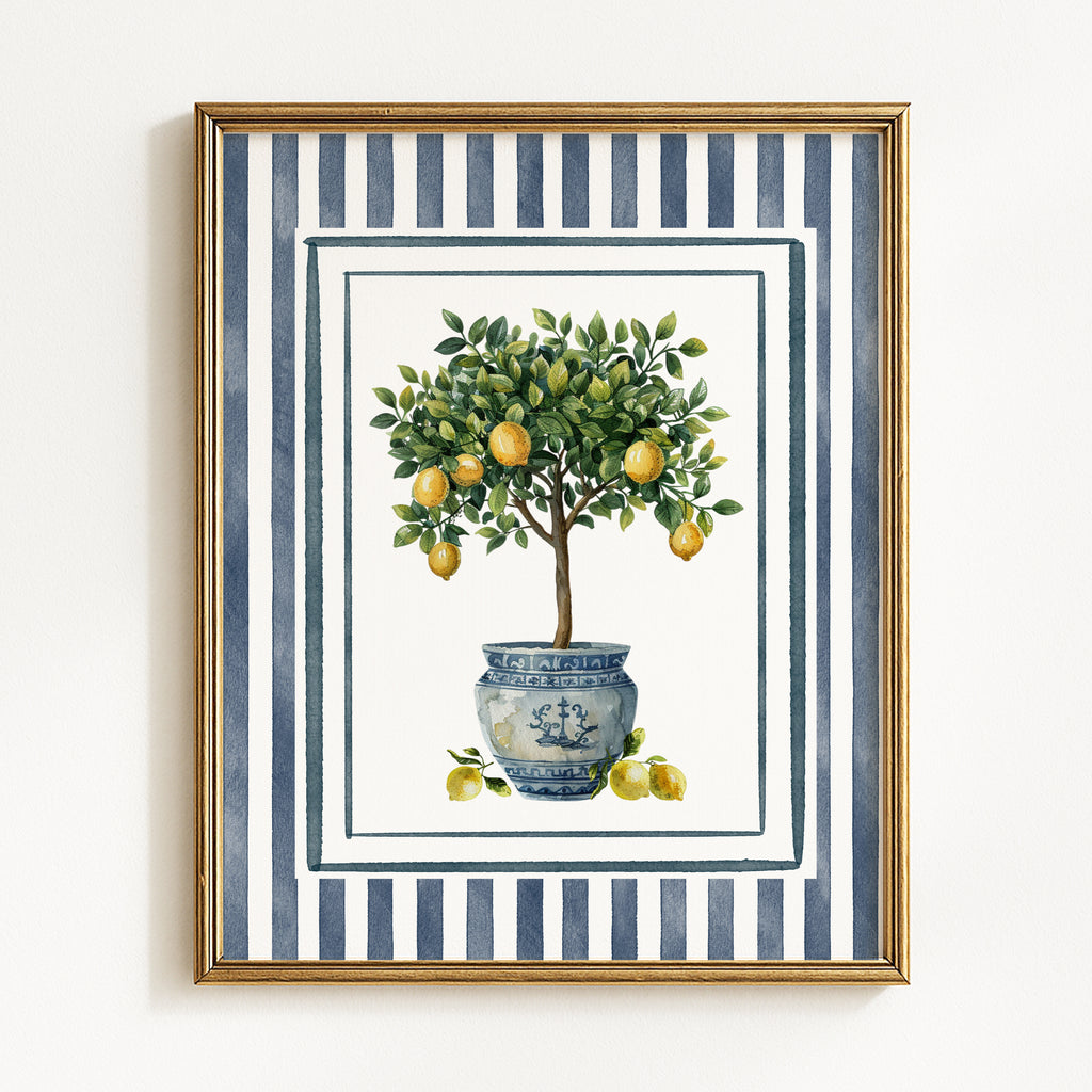 Lemon Trees in Blue Chinoiserie Pots - Set of 2