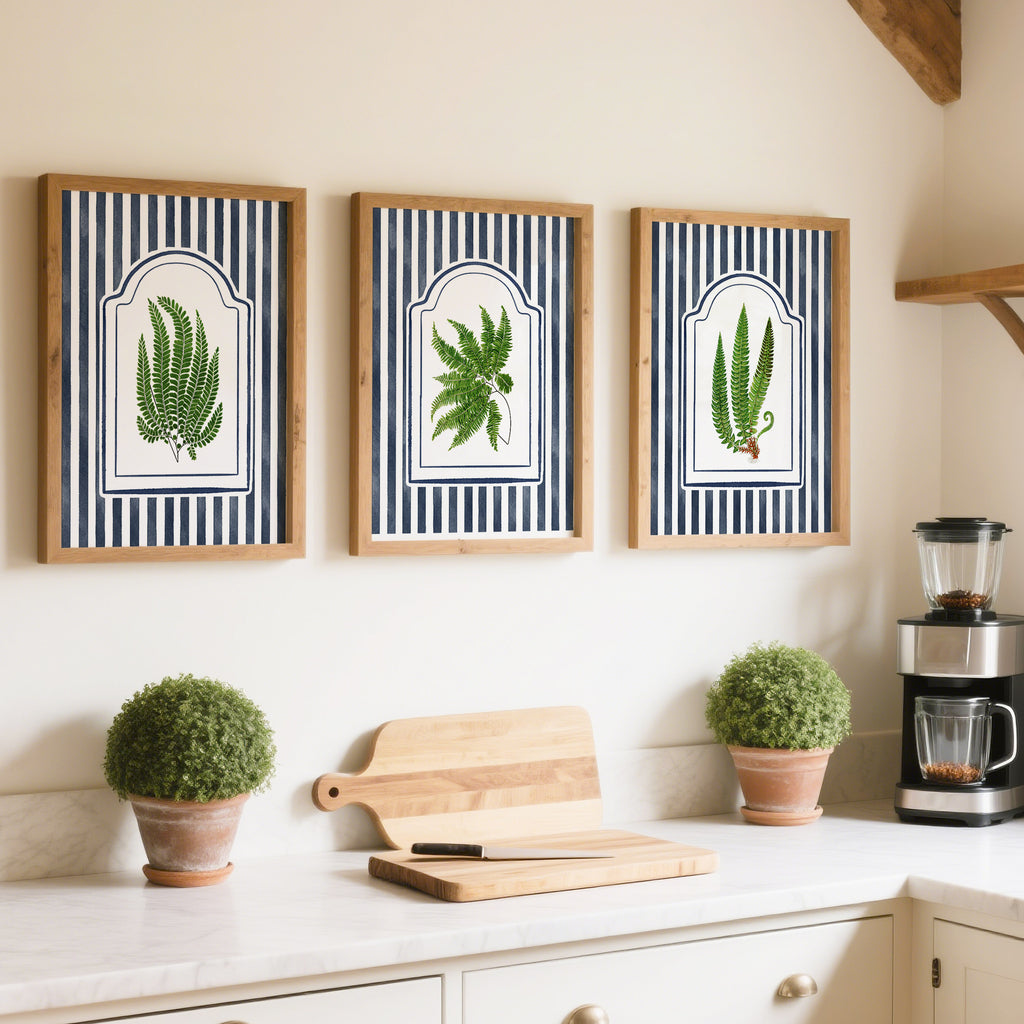 Vintage Ferns on Blue Watercolor Stripes - Set of 3