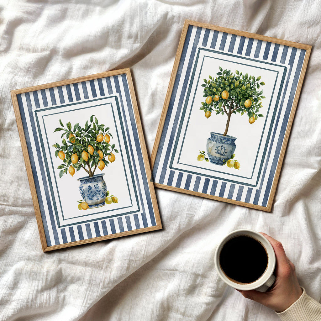 Lemon Trees in Blue Chinoiserie Pots - Set of 2