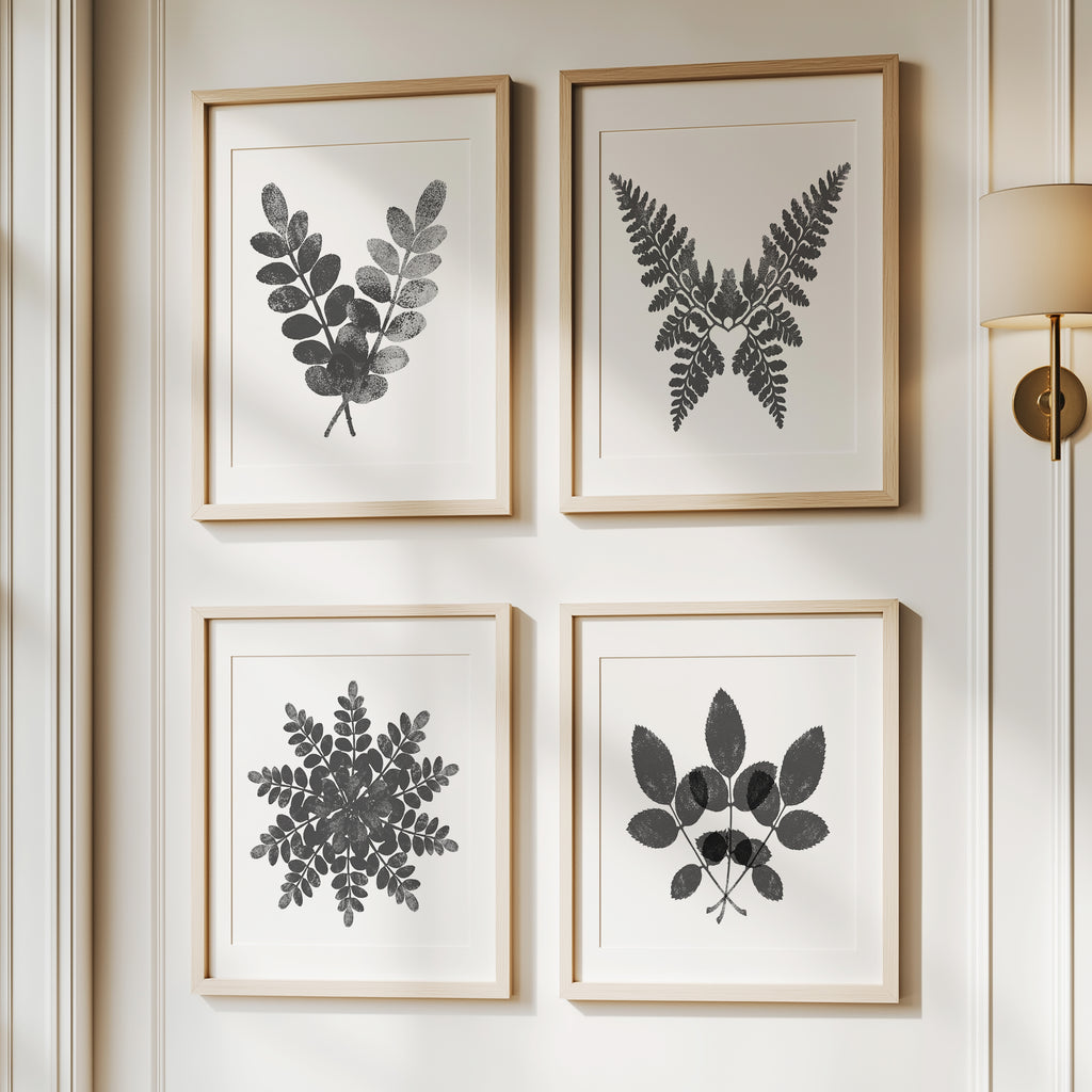 Botanical Ink Splashes - Textured Black on White - Set of 4