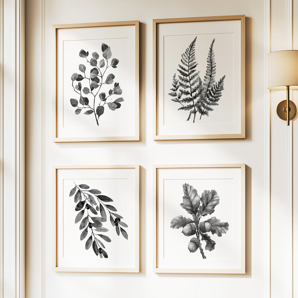 Watercolor Leaves - Black/Gray on White - Set of 4
