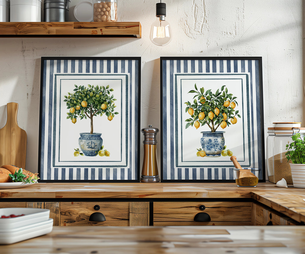 Lemon Trees in Blue Chinoiserie Pots - Set of 2
