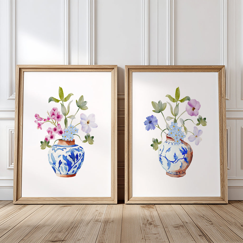 Wildflower Stems in Blue Ginger Vases - Set of 2