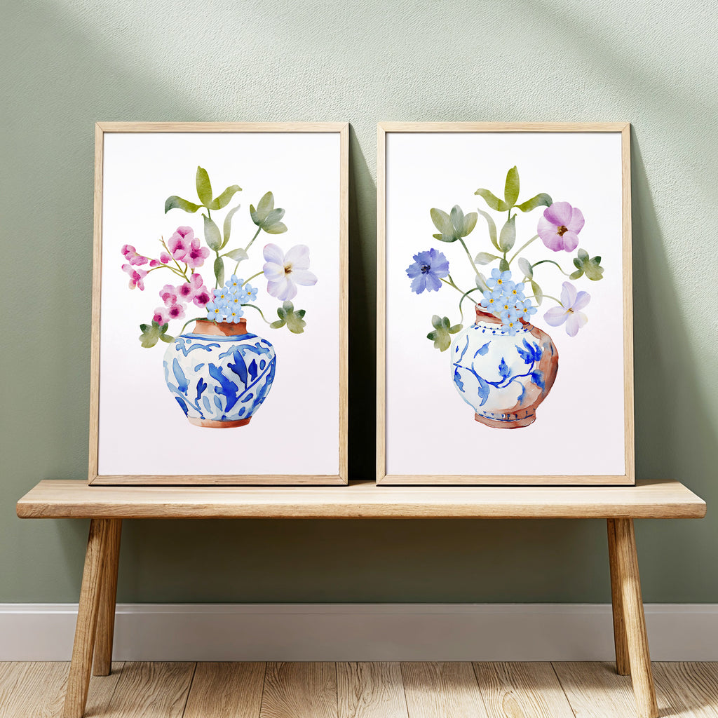 Wildflower Stems in Blue Ginger Vases - Set of 2