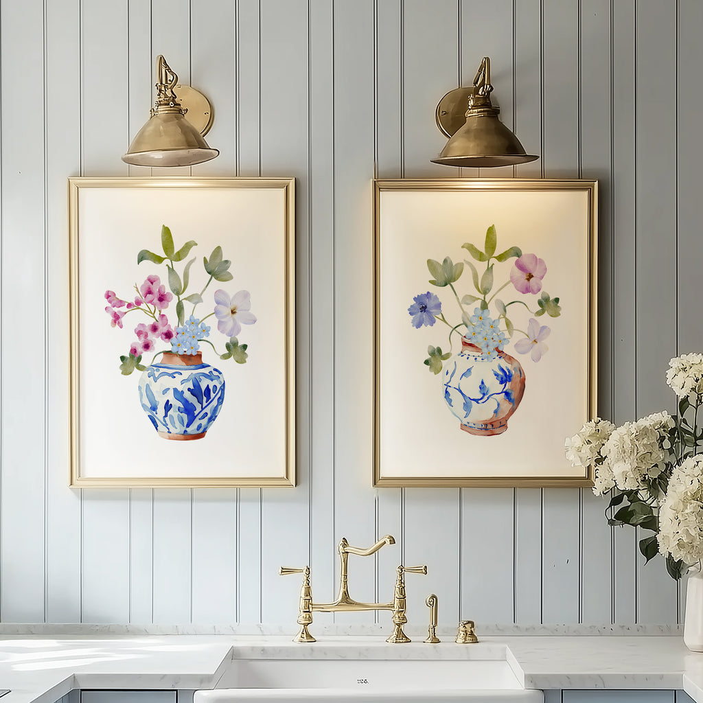 Wildflower Stems in Blue Ginger Vases - Set of 2