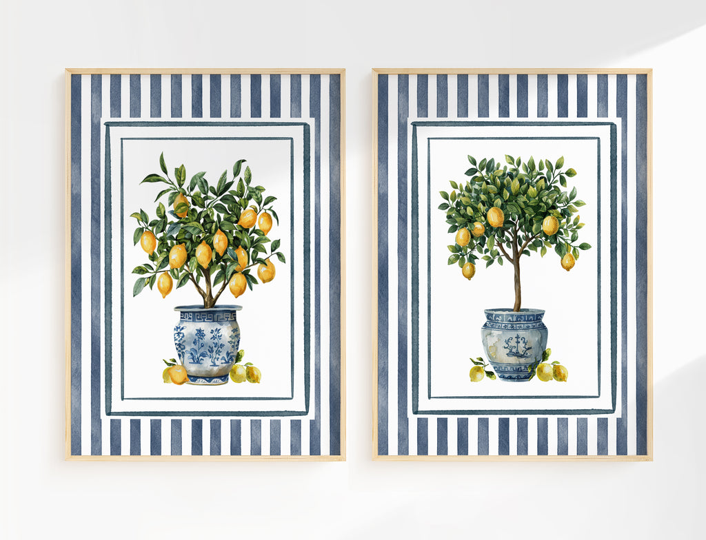 Lemon Trees in Blue Chinoiserie Pots - Set of 2