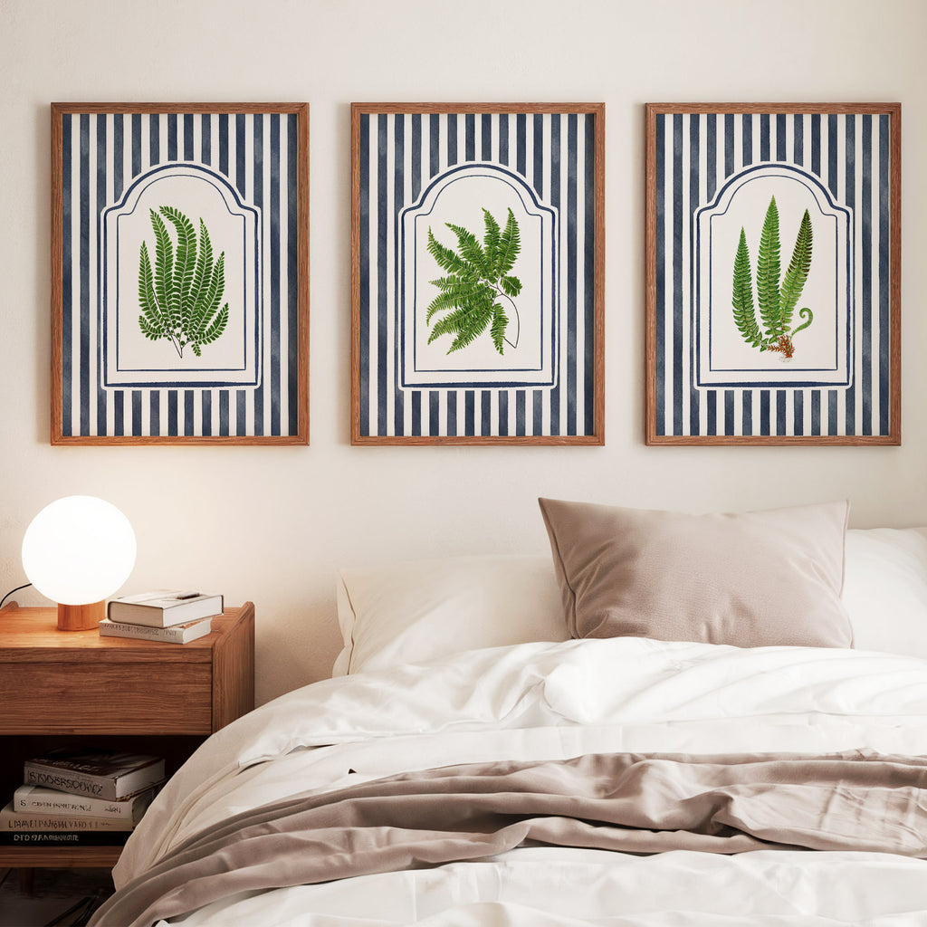Vintage Ferns on Blue Watercolor Stripes - Set of 3