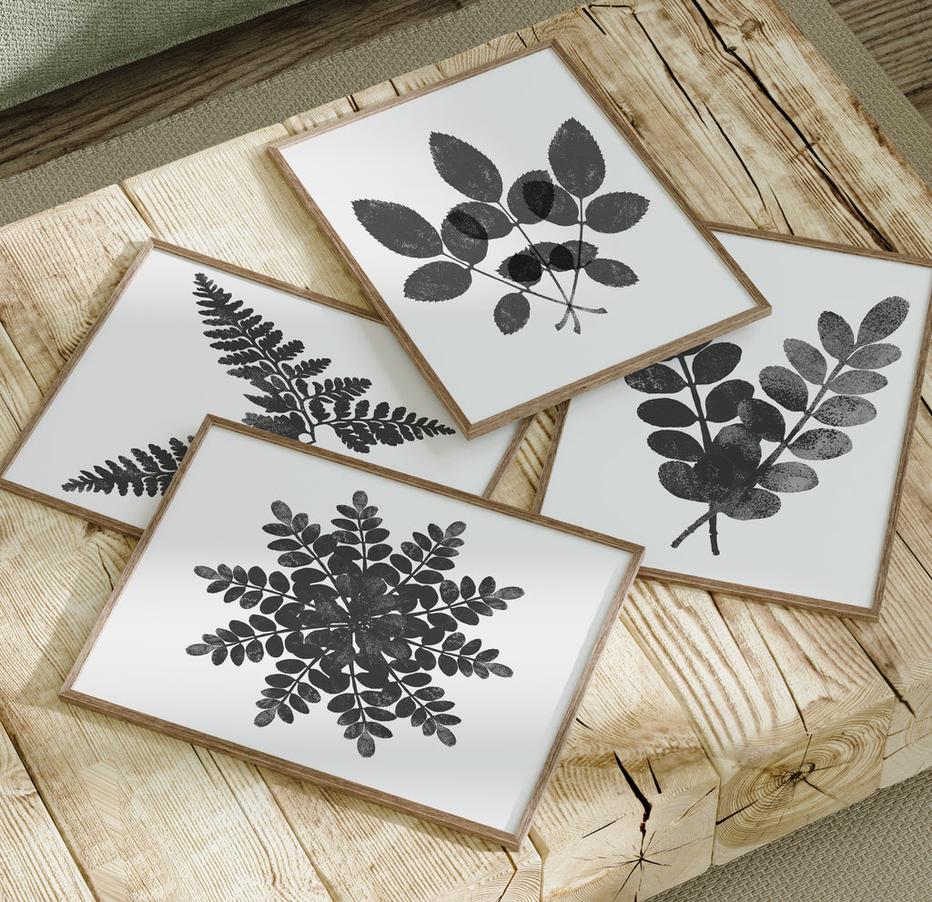 Botanical Ink Splashes - Textured Black on White - Set of 4