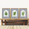 Vintage Ferns on Blue Watercolor Stripes - Set of 3