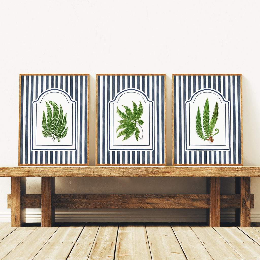 Vintage Ferns on Blue Watercolor Stripes - Set of 3