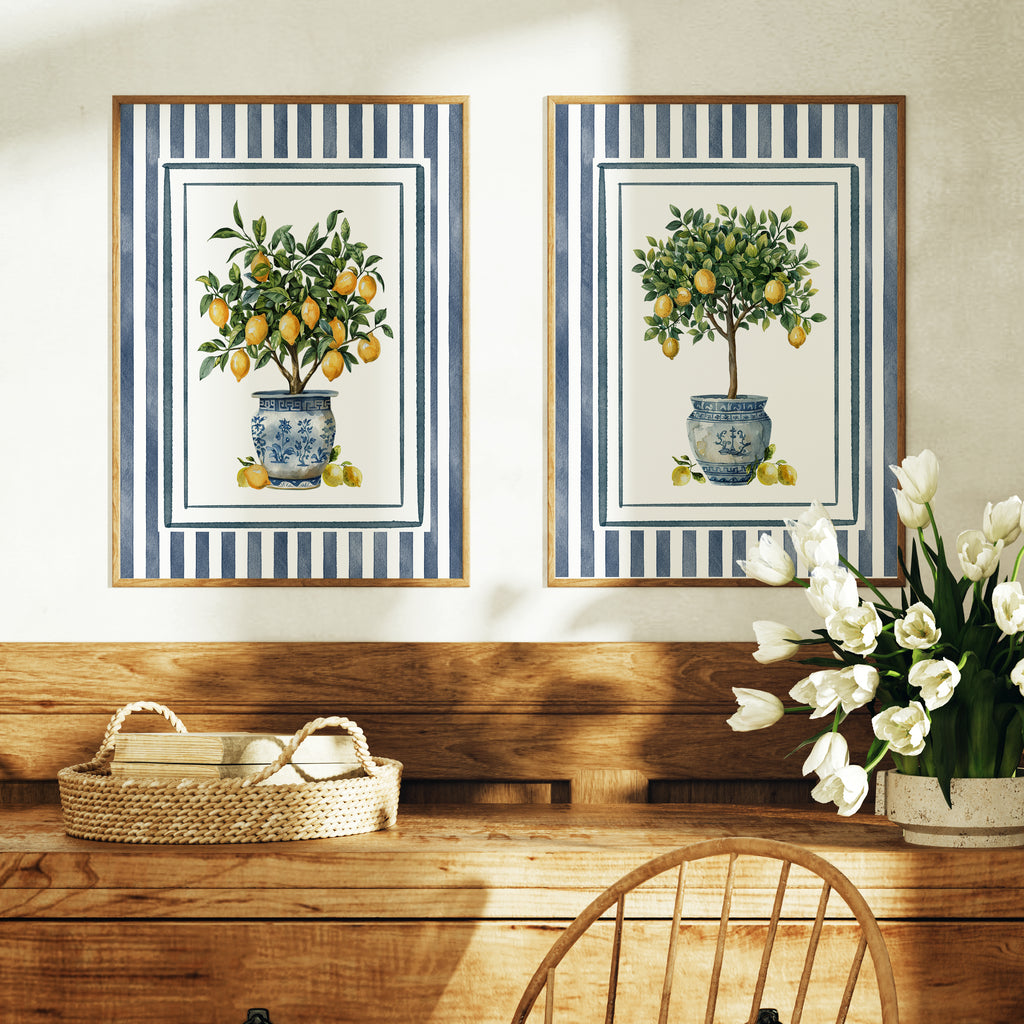 Lemon Topiary Trees in Blue Chinoiserie Pots - Set of 2