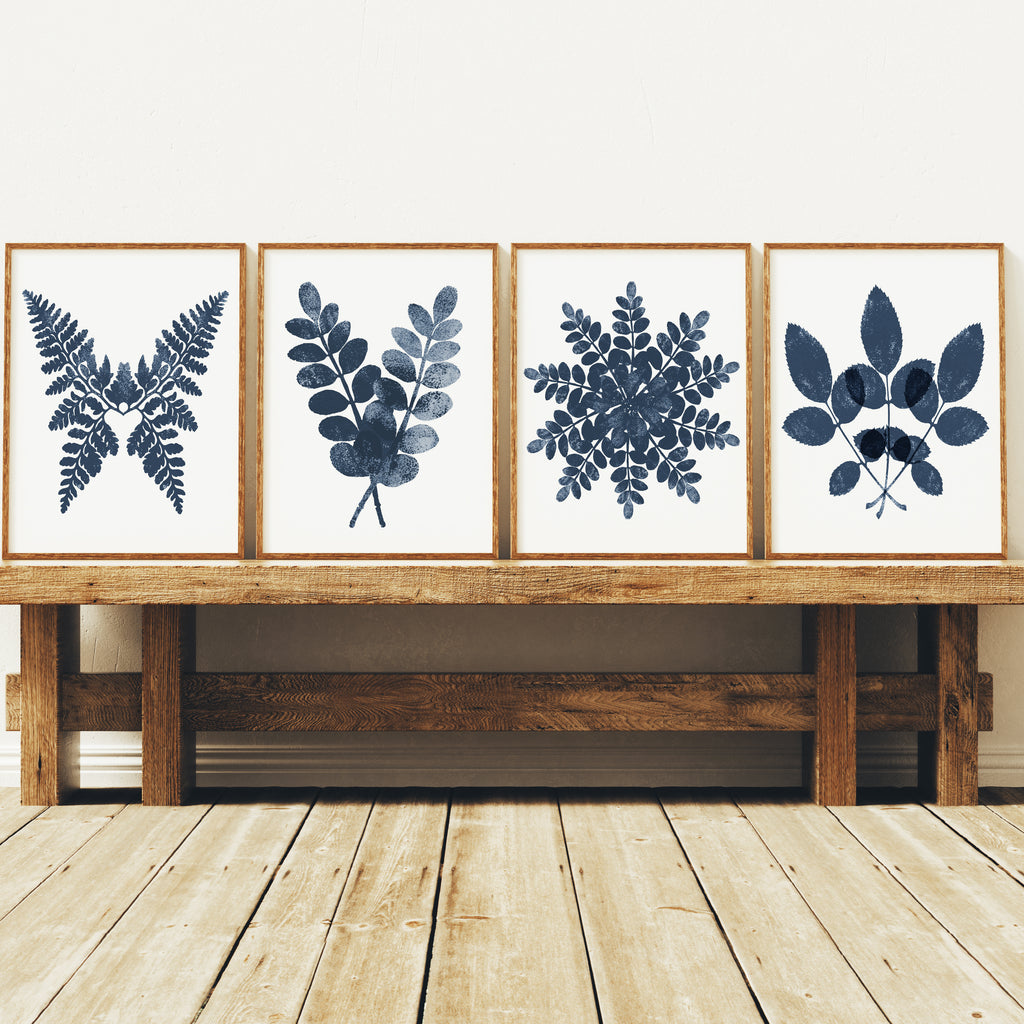 Botanical Ink Splashes - Textured Blue on White - Set of 4