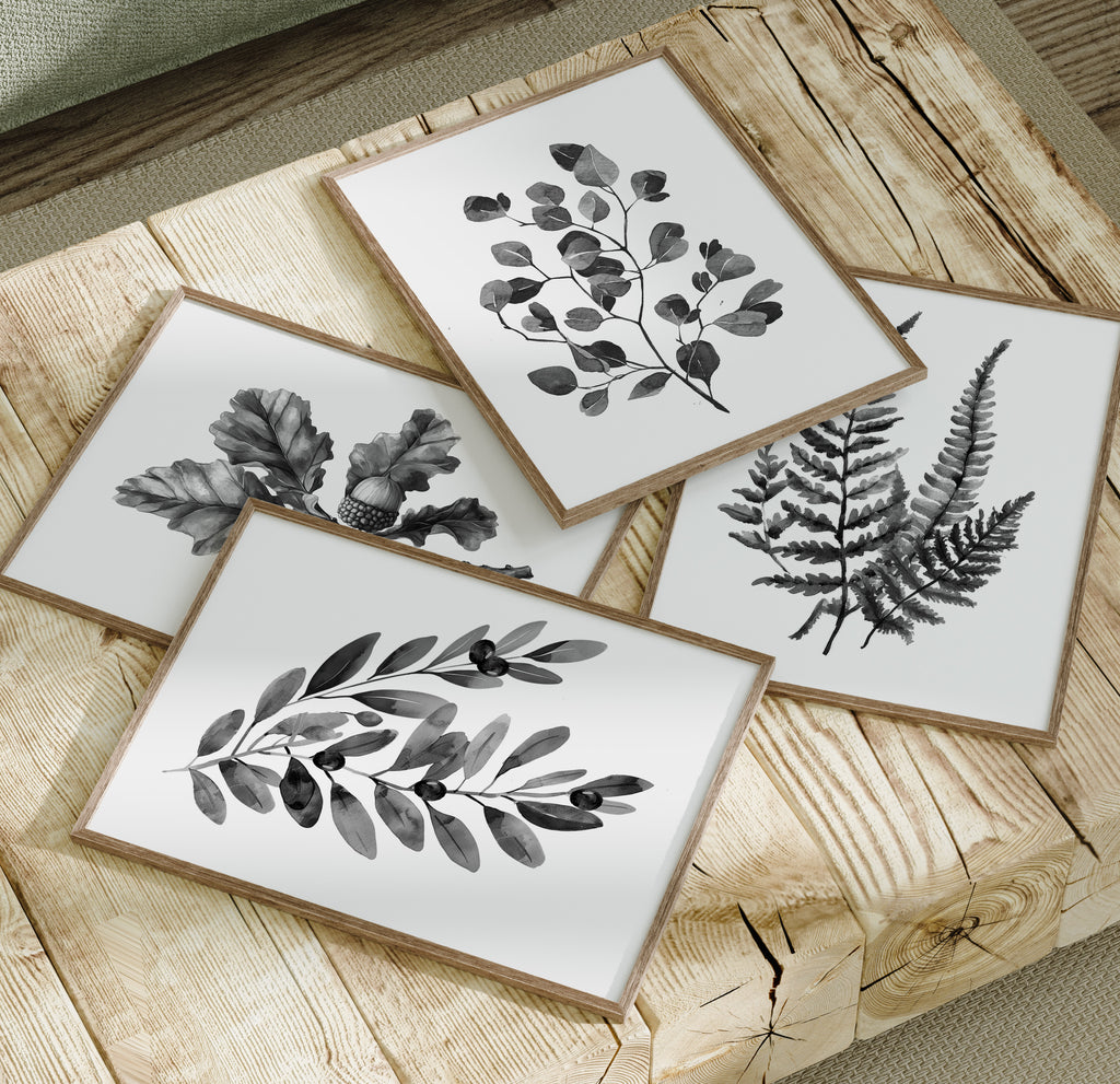 Watercolor Leaves - Black/Gray on White - Set of 4