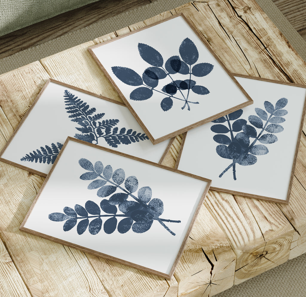 Botanical Ink Splashes - Textured Blue on White - Set of 4